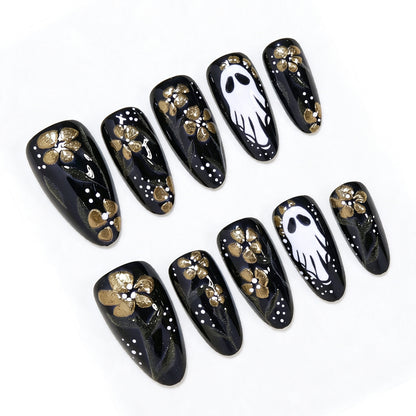 Artistic Ghost and Floral Theme Press-On Nail Art Acalora