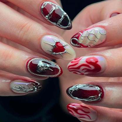 Stylish artificial nails with creative heart and flame designs Acalora