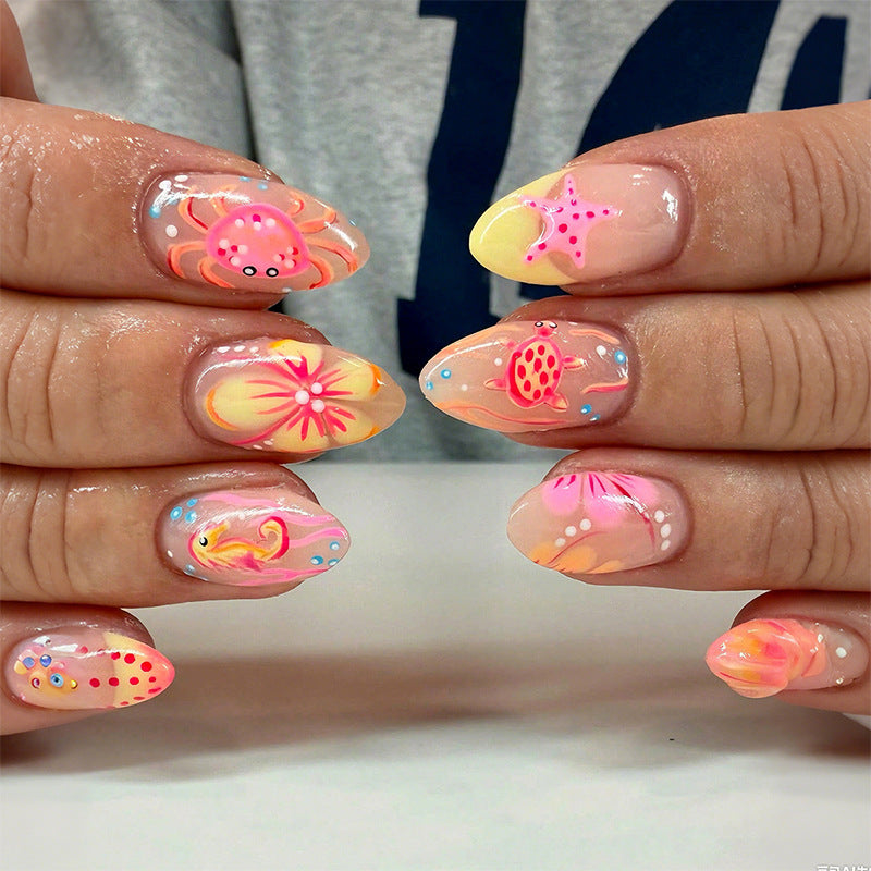 Artistic Press-On Nail Set with Floral and Colorful Designs Acalora