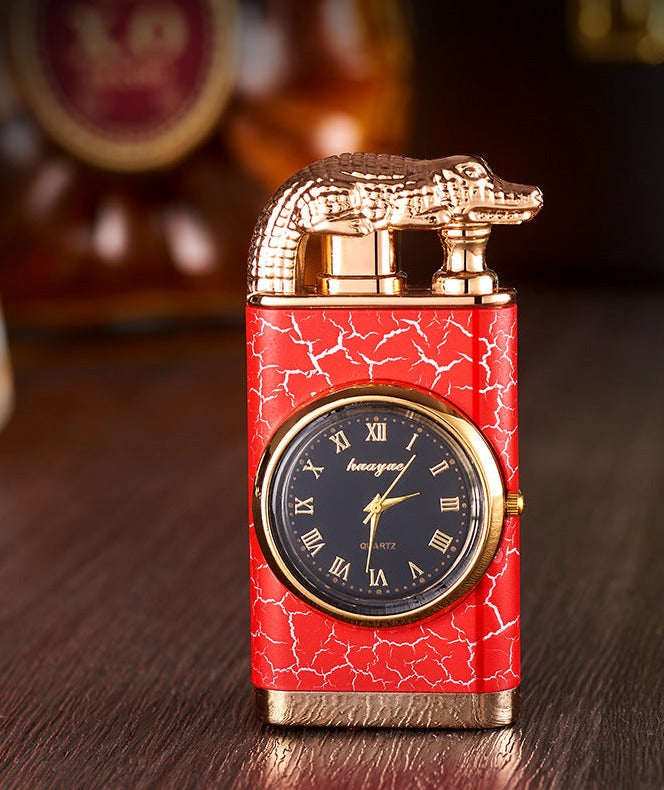 Brehn Lighter with quartz watch, metal punch, windproof lighter with blue flame and alligator head