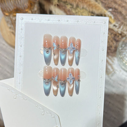 Artistic Press-On Nail Set with Floral and Gemstone Accents Acalora