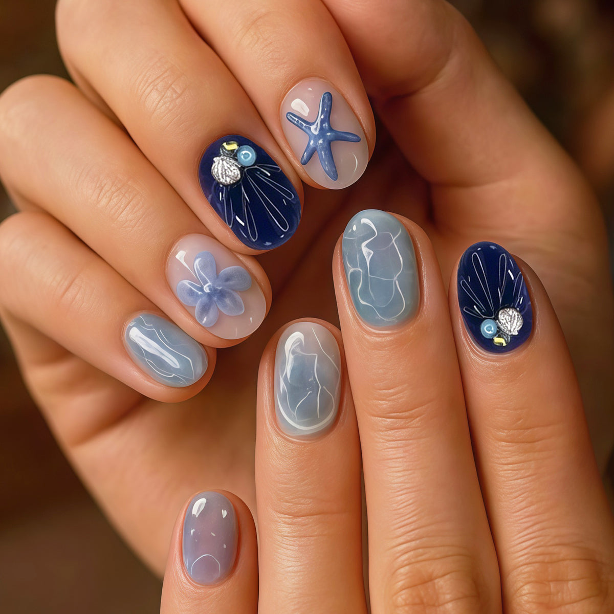 Ocean-Inspired Artistic Press-On Nail Design Acalora