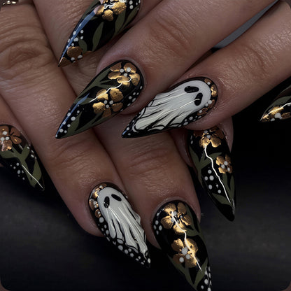 Artistic Ghost and Floral Theme Press-On Nail Art Acalora