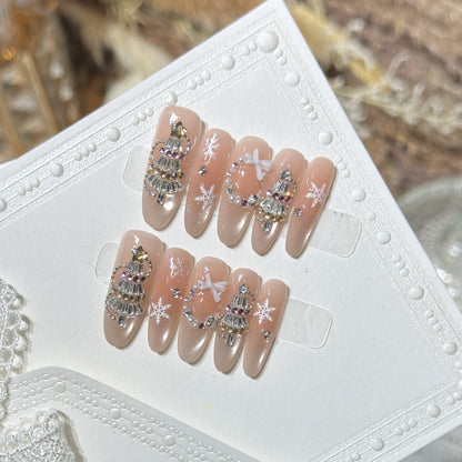 Decorative Stiletto Press-On Nail Art Set with Snowflake and Gemstone Accents Acalora