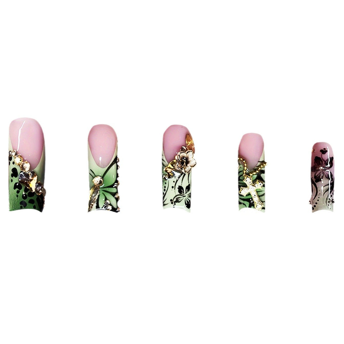 Decorative Floral Press-On Nails with Gem Accents Acalora