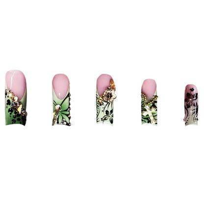 Decorative Floral Press-On Nails with Gem Accents Acalora