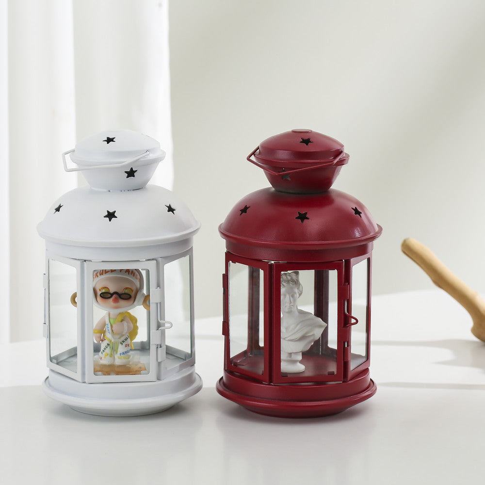 Vintage-Inspired Cylindrical Metal Tea Light Lantern with Star Vent Cutouts and Hinged Glass Door Acalora