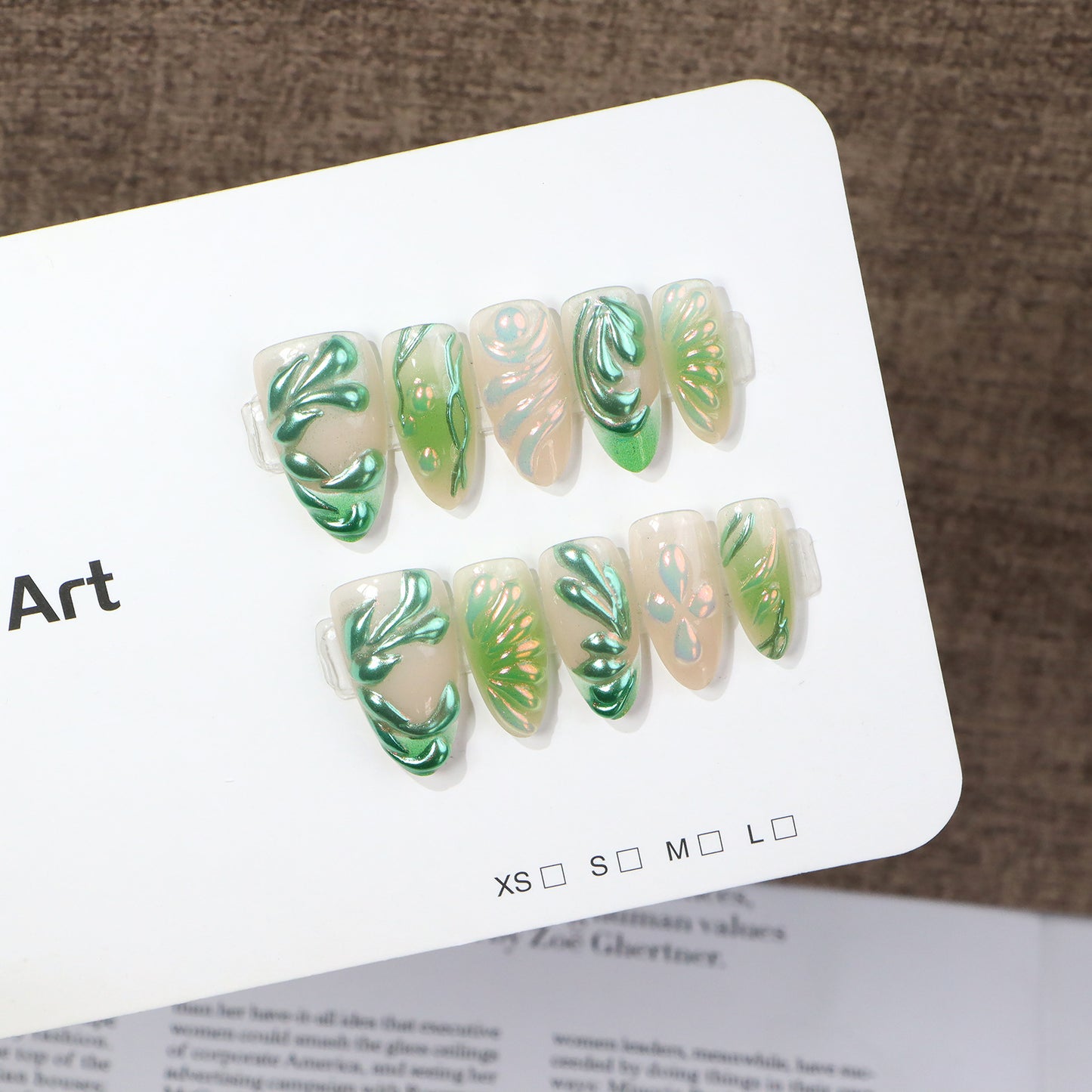 Artistic Press-On Nail Set with Leaf Design Acalora