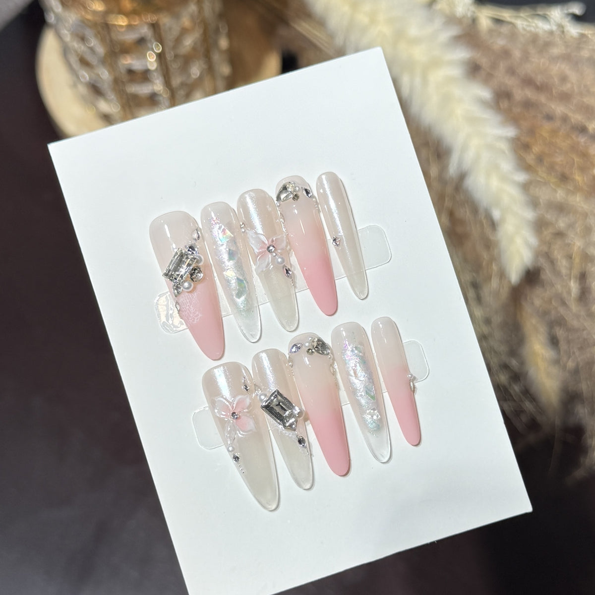 Elegant Stiletto Press-On Nail Art Set with Decorative Floral Accents Acalora