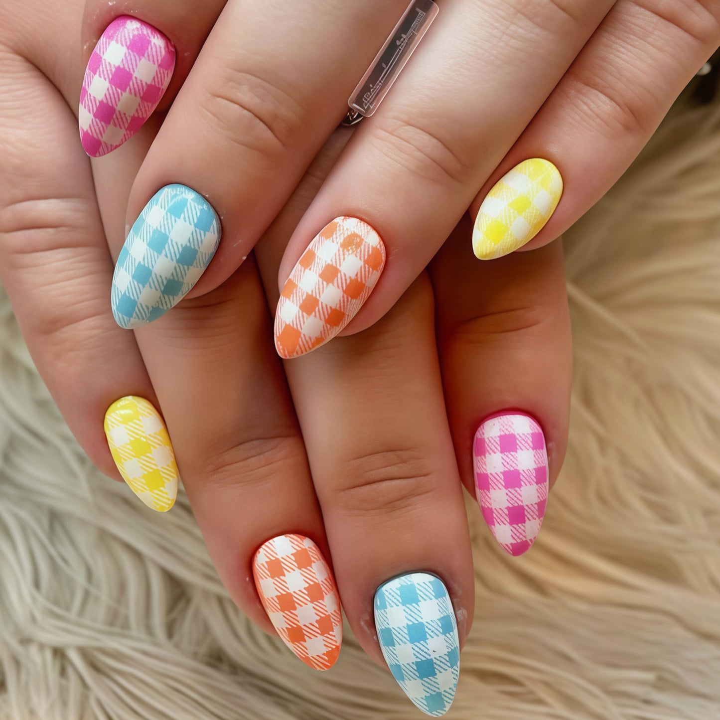 Artistic Press-On Nail Tips with Checkered Design Acalora