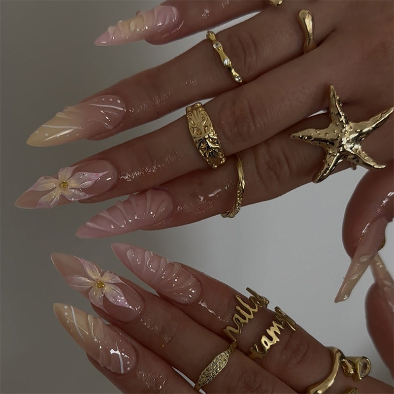 Floral Design Press-On Nail Set with Elegant Accents Acalora