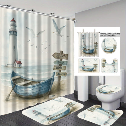 Coastal Lighthouse-Themed Four-Piece Bathroom Set