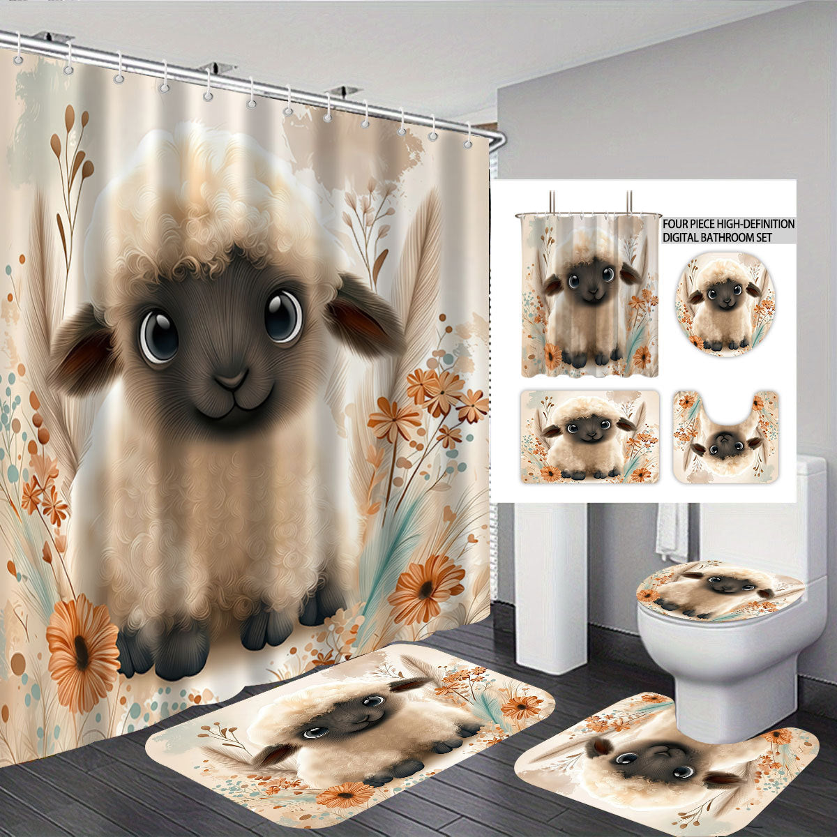 Cartoon Lamb-Themed Bathroom Décor Set