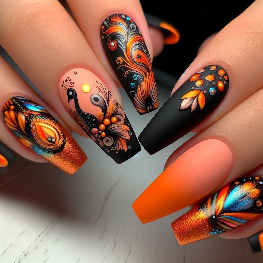 Creative Nail Art Set with Colorful Feather Designs Acalora