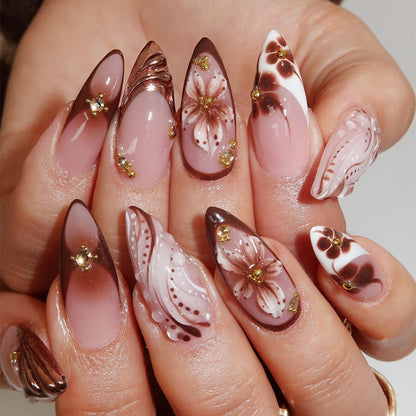 Decorative Press-On Nail Set with Intricate Floral and Ombre Design Acalora