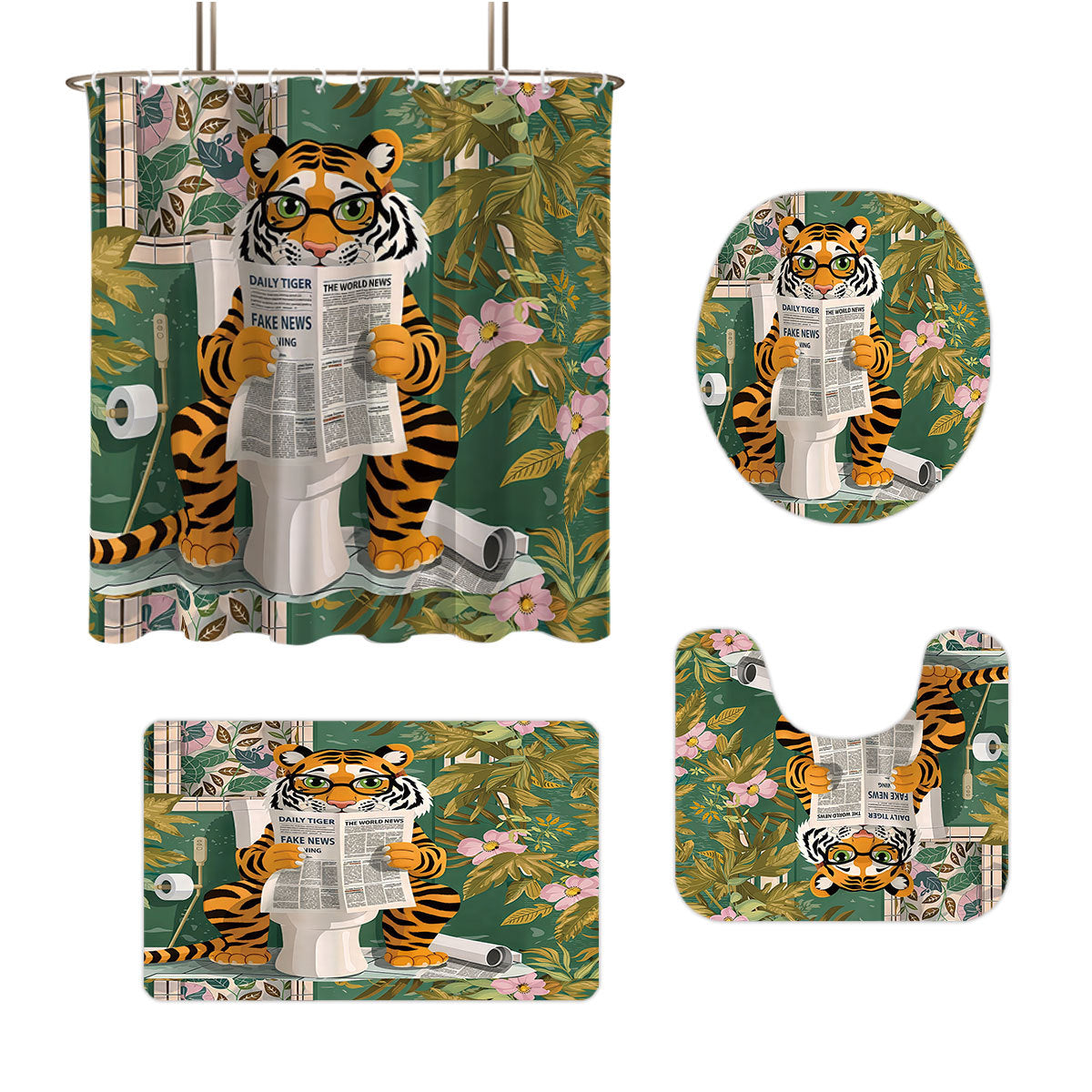 Artistic High-Definition Leopard and Rose-Themed Bathroom Décor Set