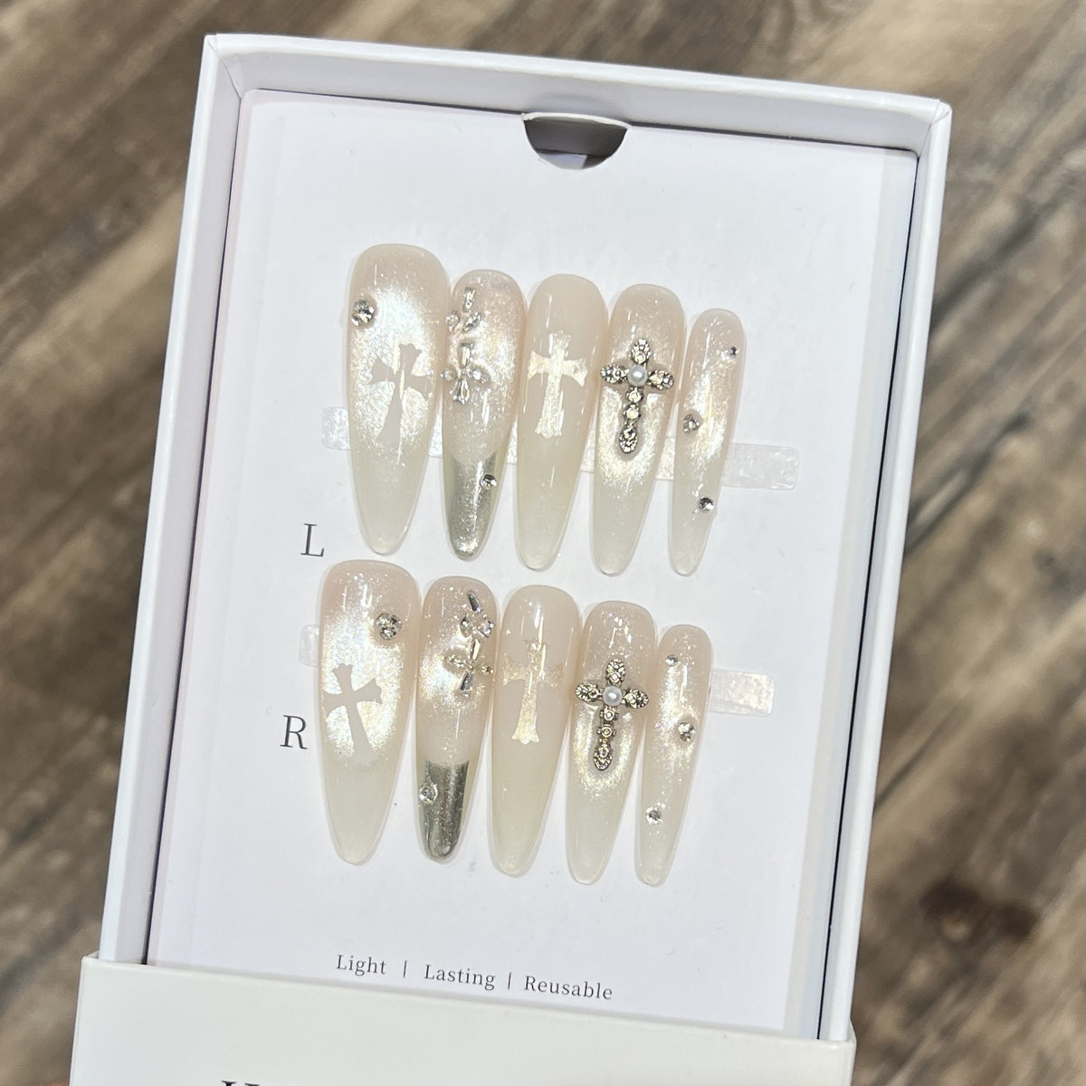 Elegant Decorative Press-On Nail Set with Rhinestone Cross Accents Acalora