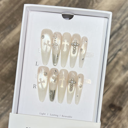 Elegant Decorative Press-On Nail Set with Rhinestone Cross Accents Acalora