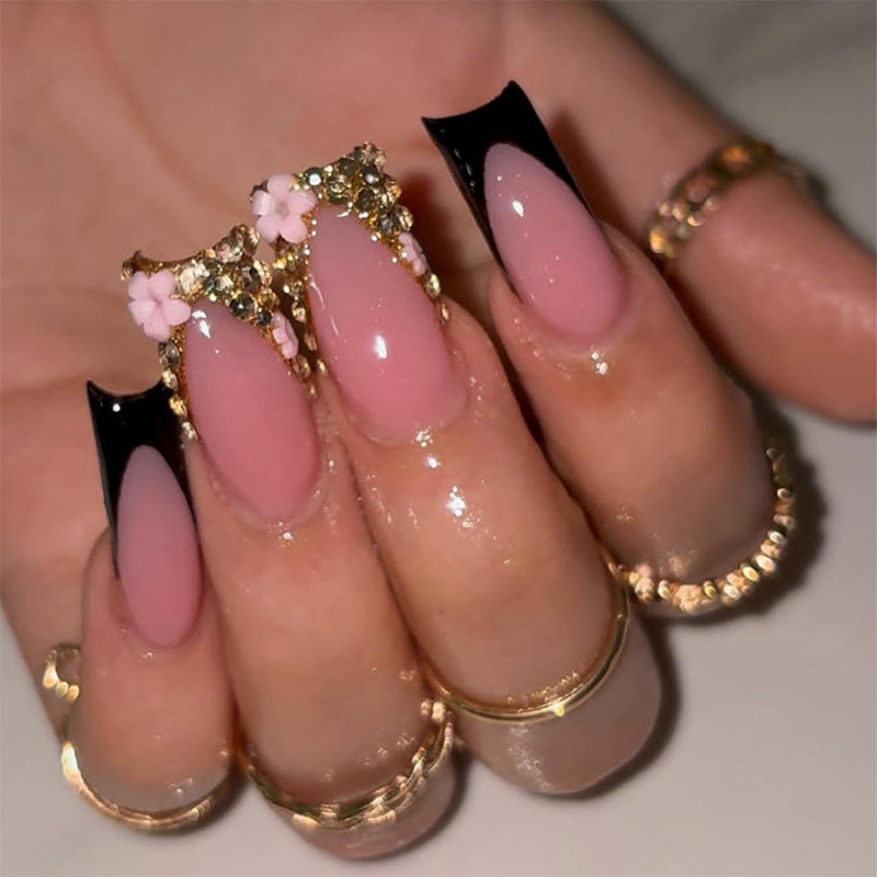 Elegant Press-On Nail Set with Rhinestone and Glossy Accents Acalora