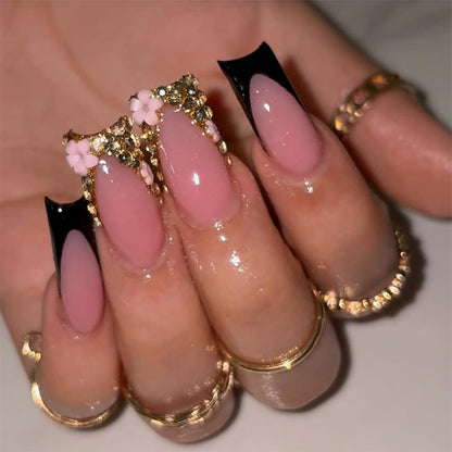 Elegant Press-On Nail Set with Rhinestone and Glossy Accents Acalora