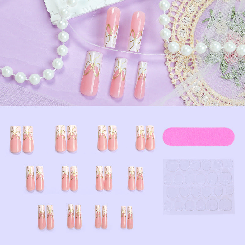 Decorative Press-On Nail Set with Artistic Bow Designs Acalora