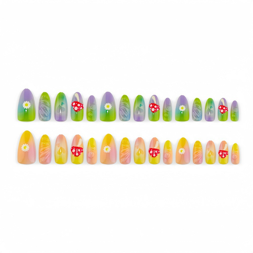 Artificial nails with cheerful flower and mushroom patterns Acalora