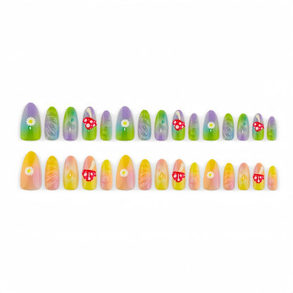 Artificial nails with cheerful flower and mushroom patterns Acalora