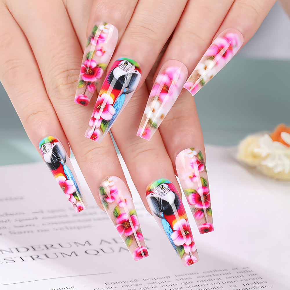 Exquisite Artificial Nails with Colorful Flower and Parrot Design Acalora