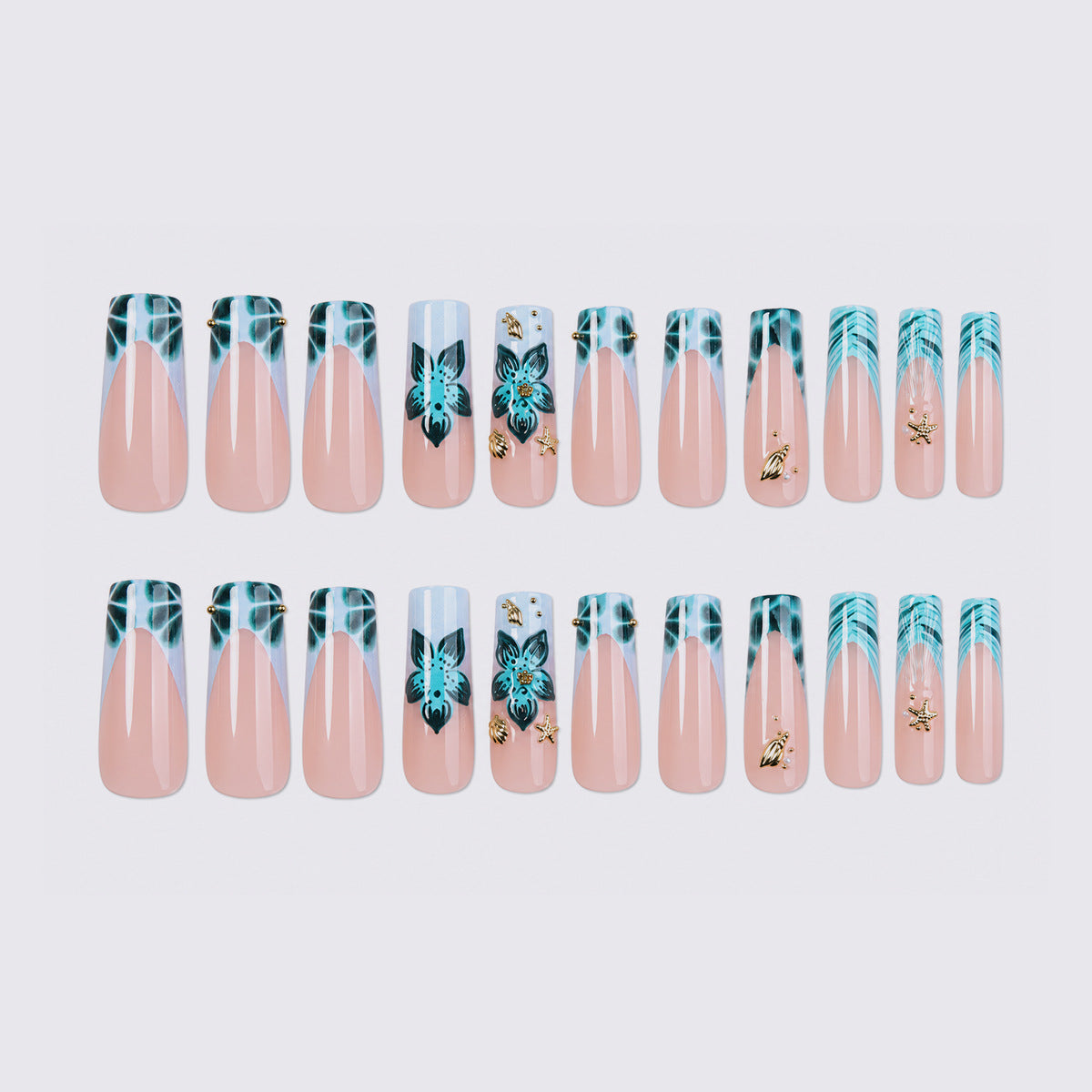 Artistic Acrylic Press-On Nail Set with Floral and Gold Elements Acalora