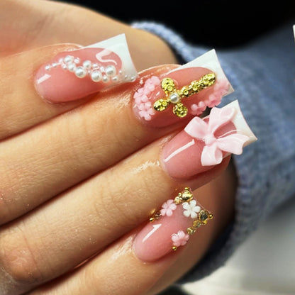 Decorative Press-On Nail Set with Bow and Floral Accents Acalora