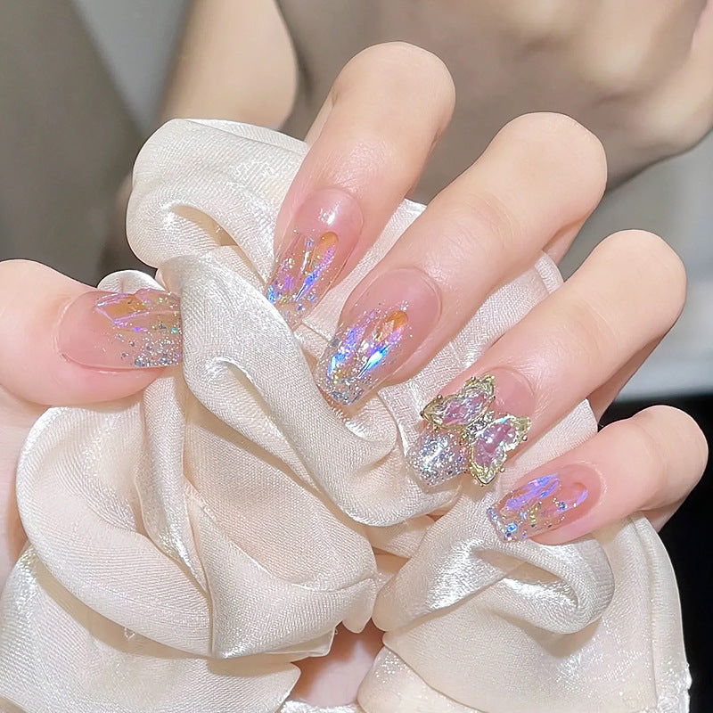 Acrylic Nail Set with Glitter and 3D Butterfly Decorations Acalora