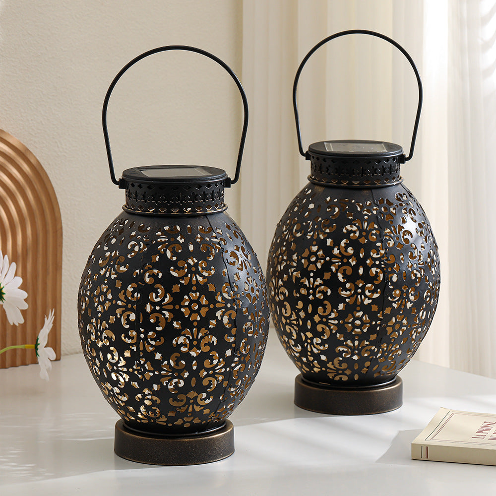 Moroccan-Style Cutwork Metal Candle Lantern with Hanging Handle Acalora