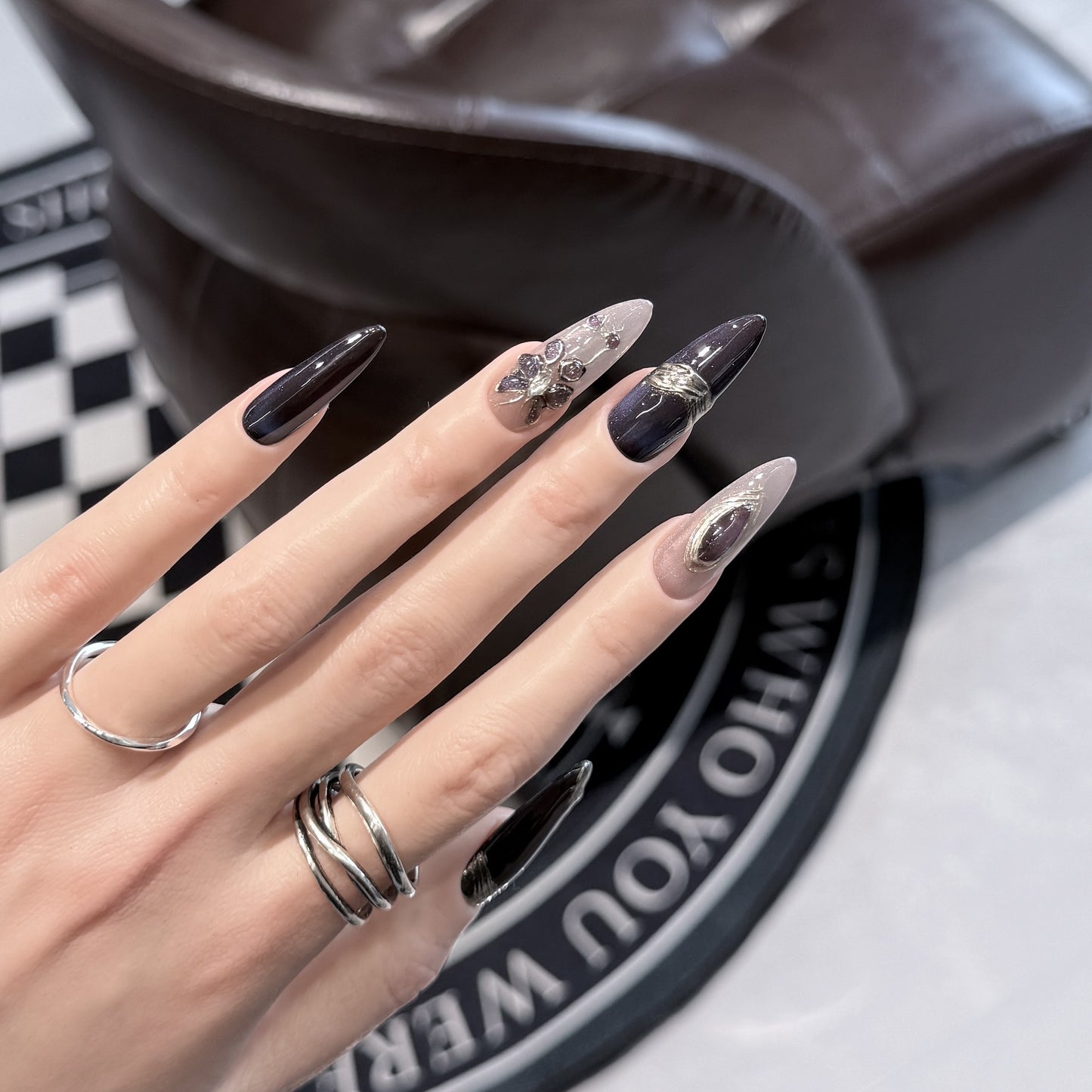 Elegant Stiletto Press-On Nail Art Set with Gemstone Accents Acalora