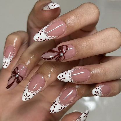 Decorative Press-On Nail Art Set with Floral and Bow Designs Acalora