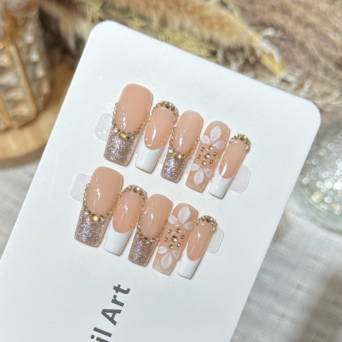 Luxurious Glittery Press-On Nail Art Set with Decorative Floral Accents Acalora
