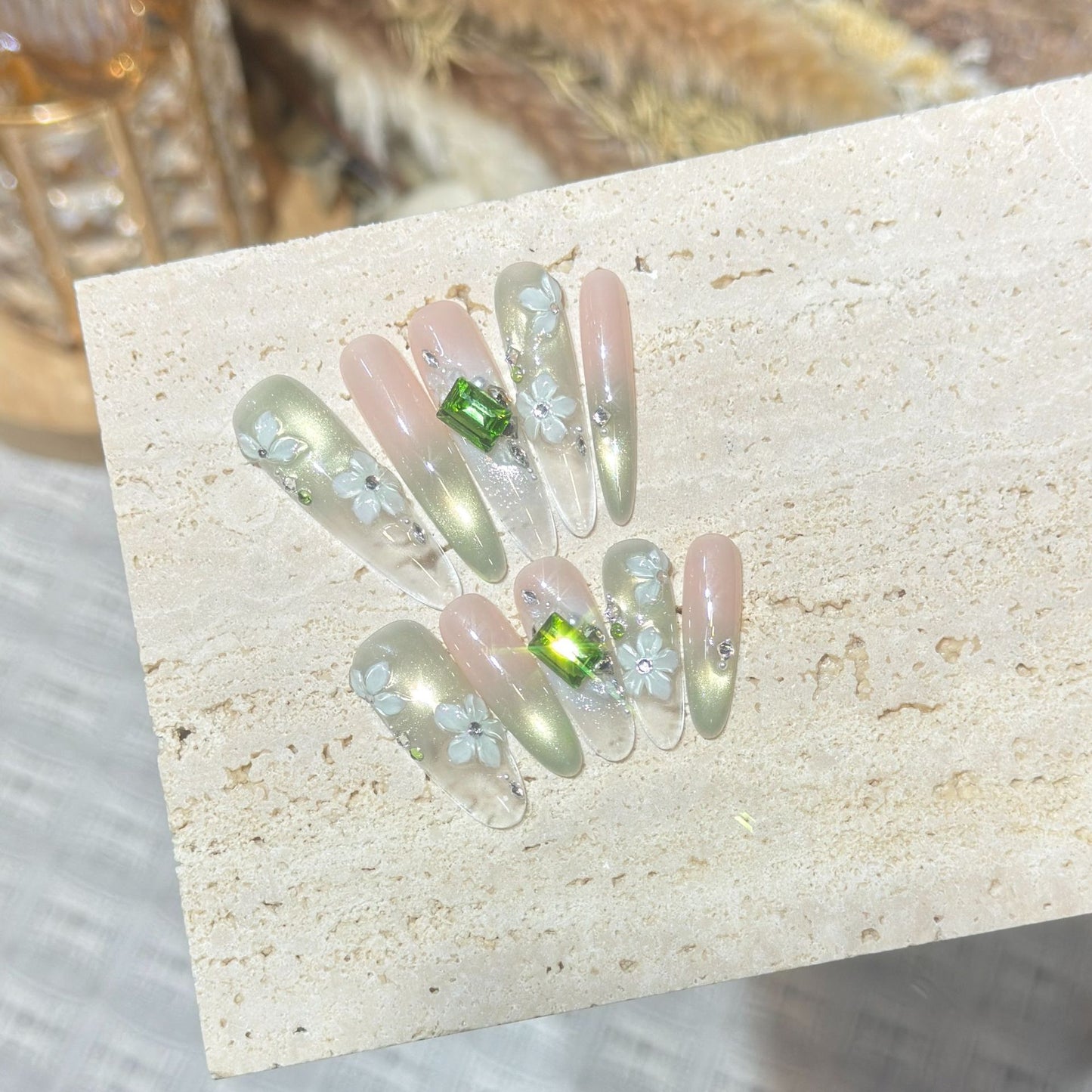 Floral Gemstone Stiletto Nail Set Acalora