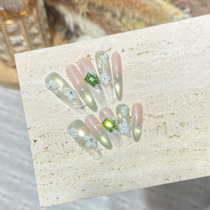 Floral Gemstone Stiletto Nail Set Acalora