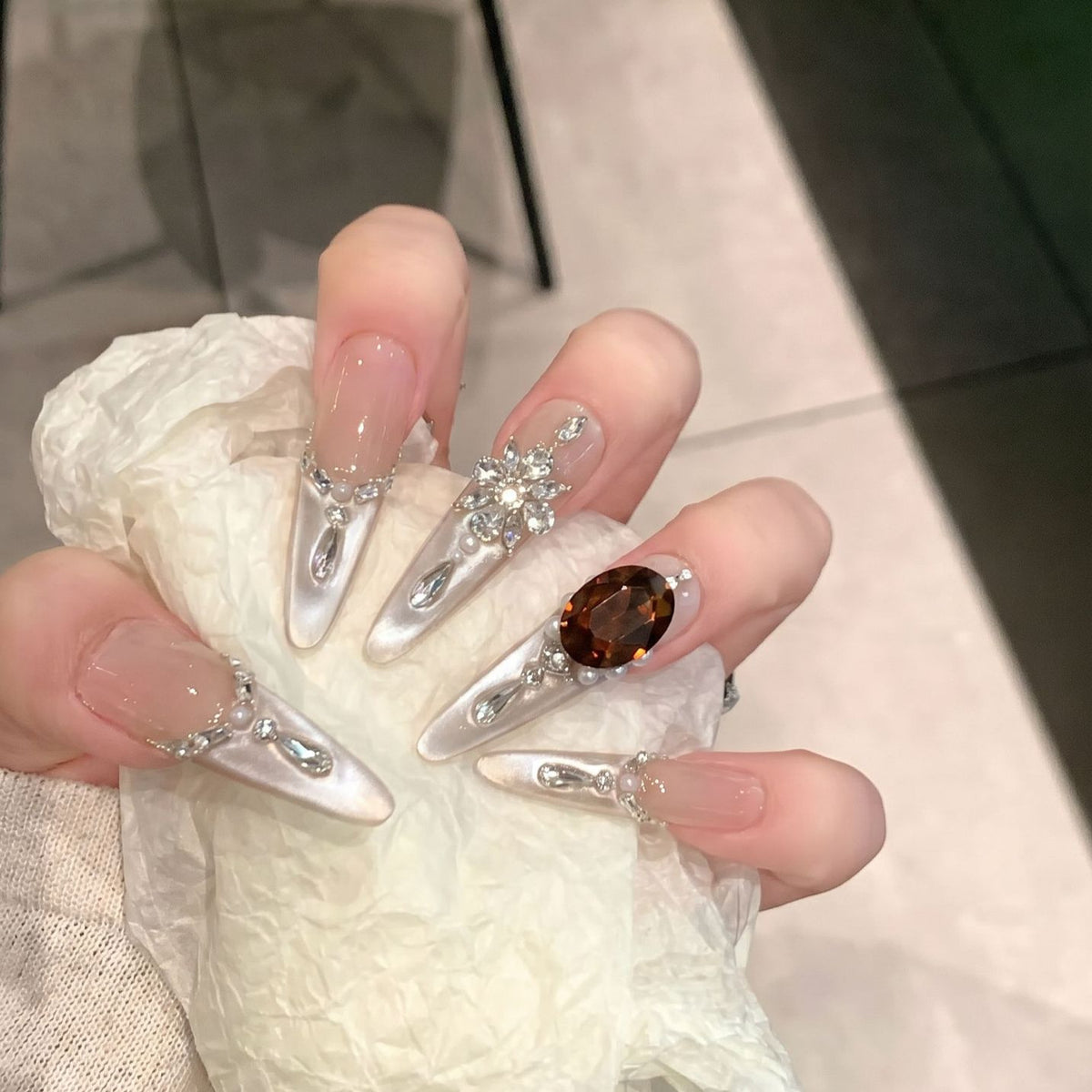Glamorous Stiletto Press-On Nail Art Set with Elegant Decorative Elements Acalora