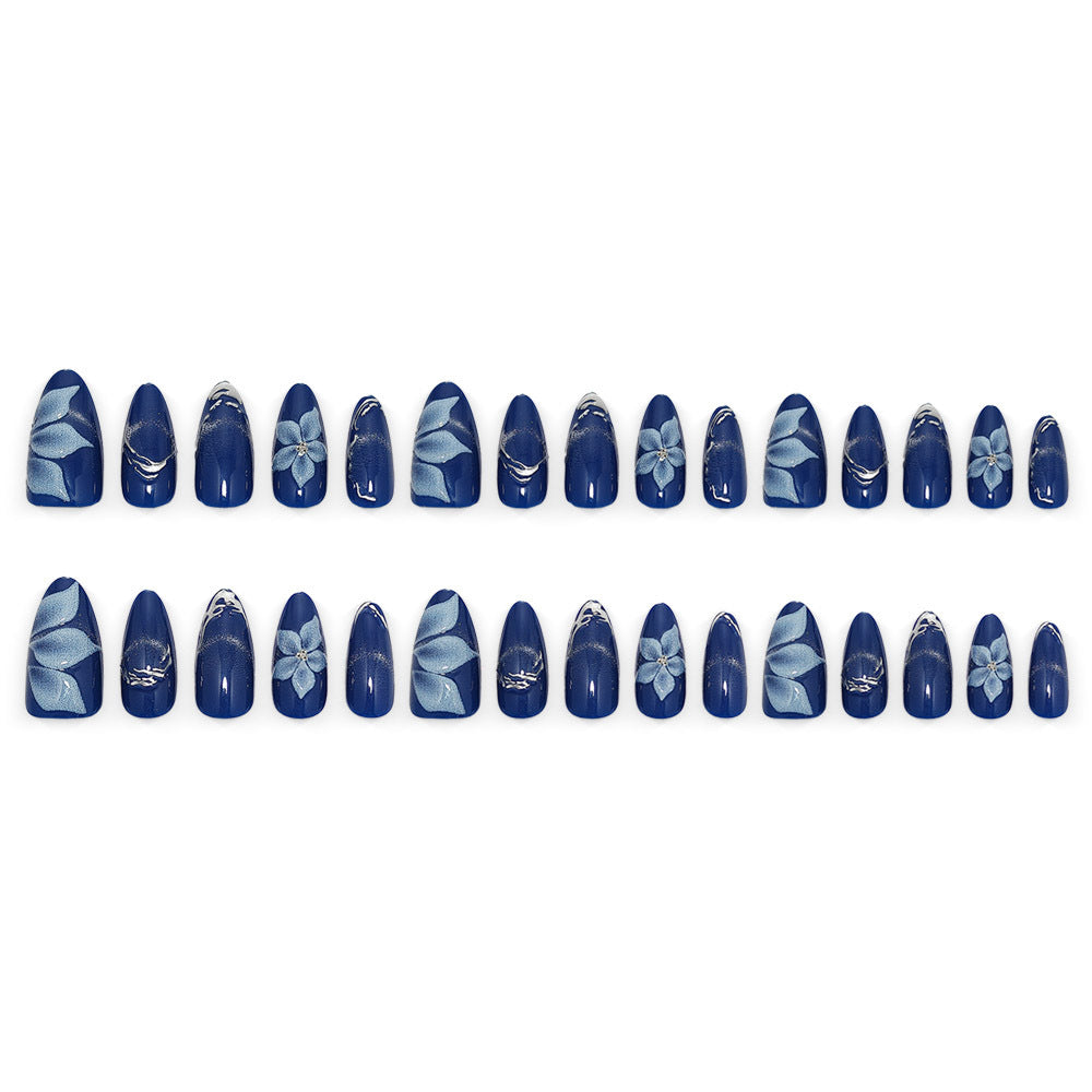 Acrylic Nail Set with Elegant Blue Ombre and Floral Design Acalora