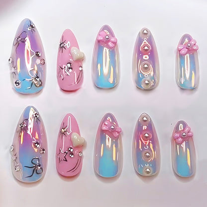 Decorative Press-On Nail Set with Elegant Bow and Gem Accents Acalora
