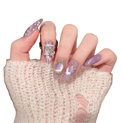 Artistic Press-On Nail Set with Floral Accents Acalora