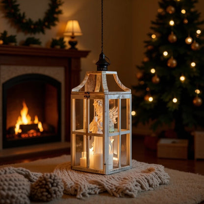 Rustic Windowpane Glass and Wood Candle Lantern with Hinged Door Acalora