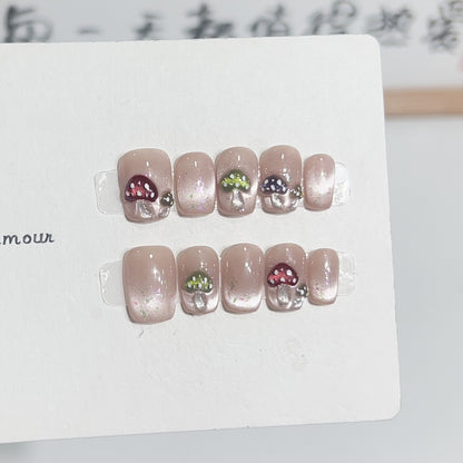 Artistic Press-On Nail Set with Playful Mushroom Designs Acalora