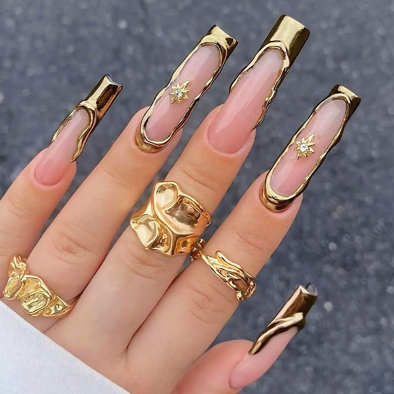 Elegant Press-On Nail Art Set with Gold Accent Design Acalora