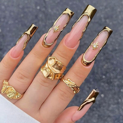 Elegant Press-On Nail Art Set with Gold Accent Design Acalora