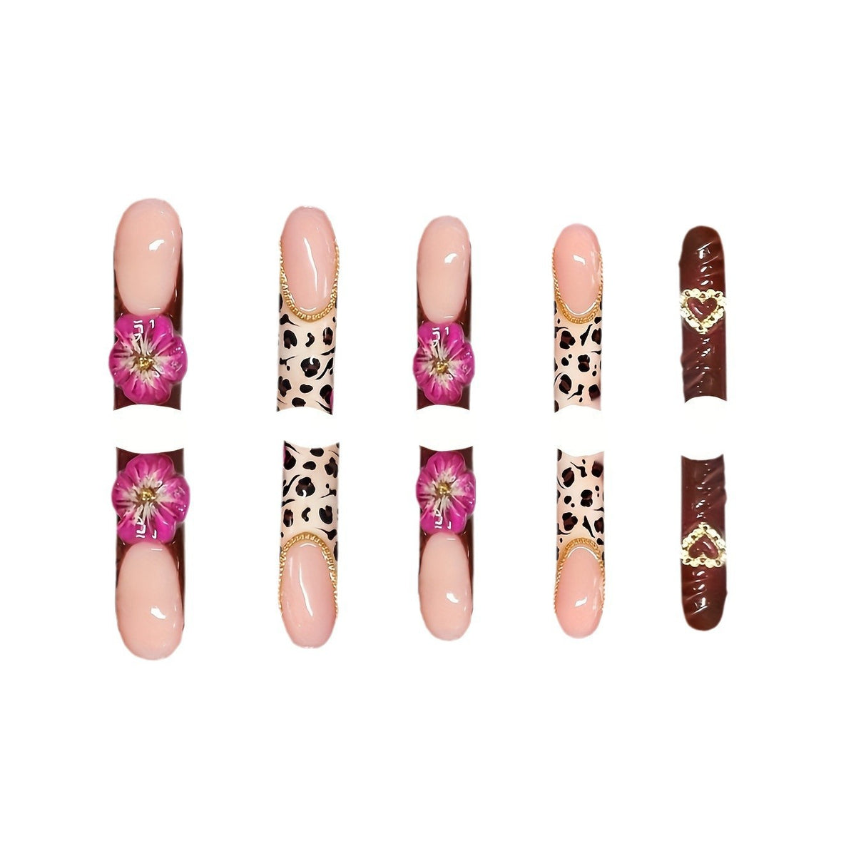 Decorative Long Acrylic Press-On Nail Art with Floral and Leopard Designs Acalora
