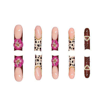 Decorative Long Acrylic Press-On Nail Art with Floral and Leopard Designs Acalora