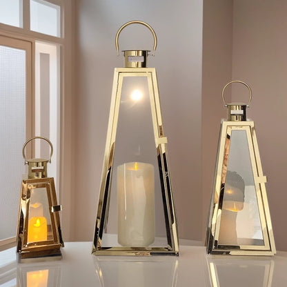 Modern Triangular Glass Candle Lantern Set with Gold Metal Frame Acalora