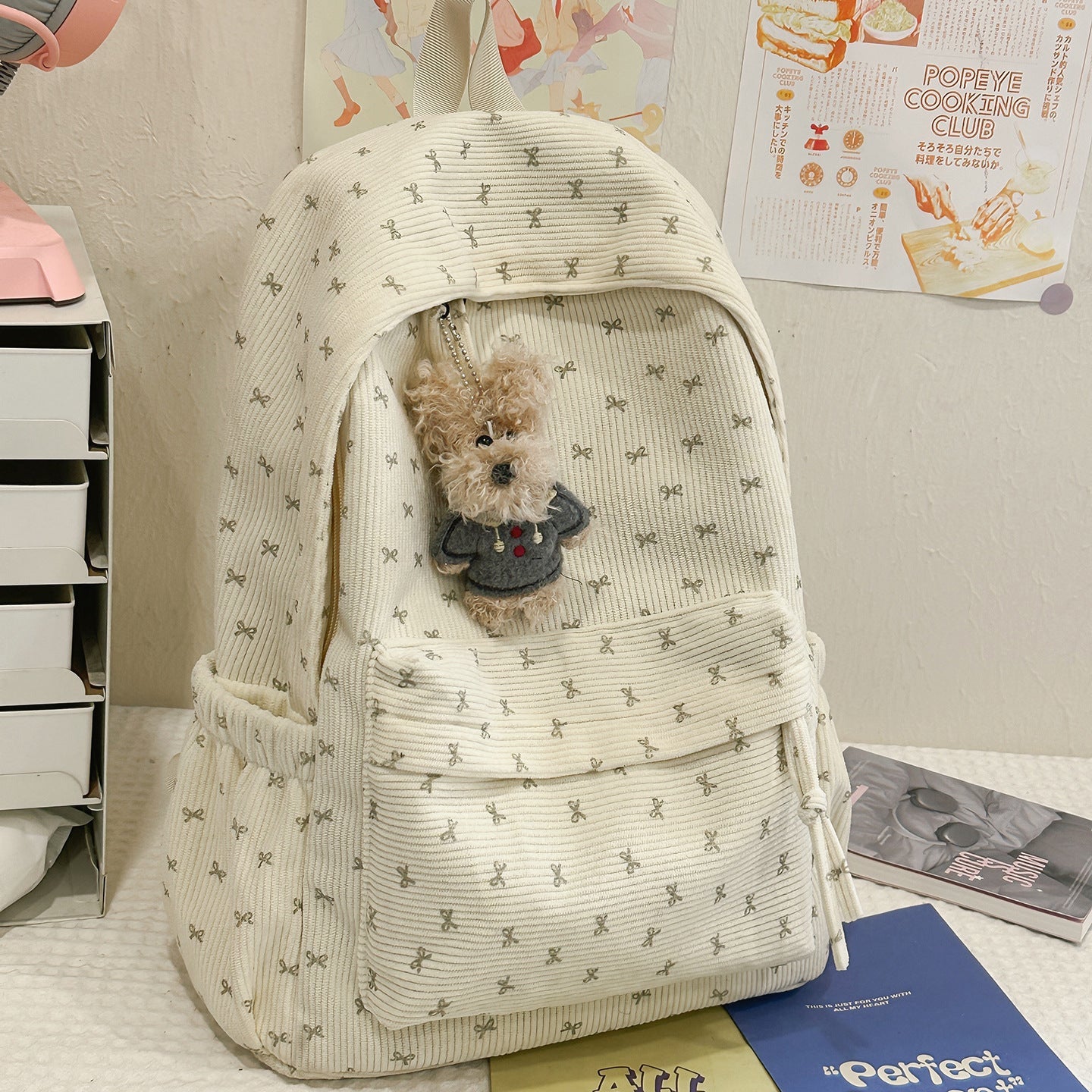 Cute Bow-Embellished Corduroy Backpack Bowlift