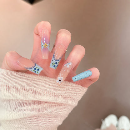 Artistic Press-On Nail Set with Floral and Geometric Design Acalora